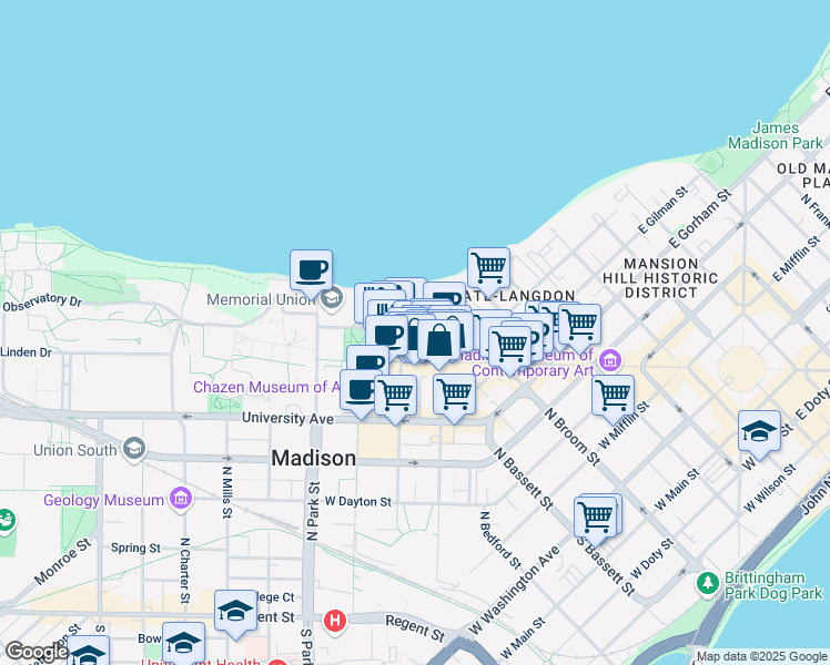 map of restaurants, bars, coffee shops, grocery stores, and more near 633 Langdon Street in Madison