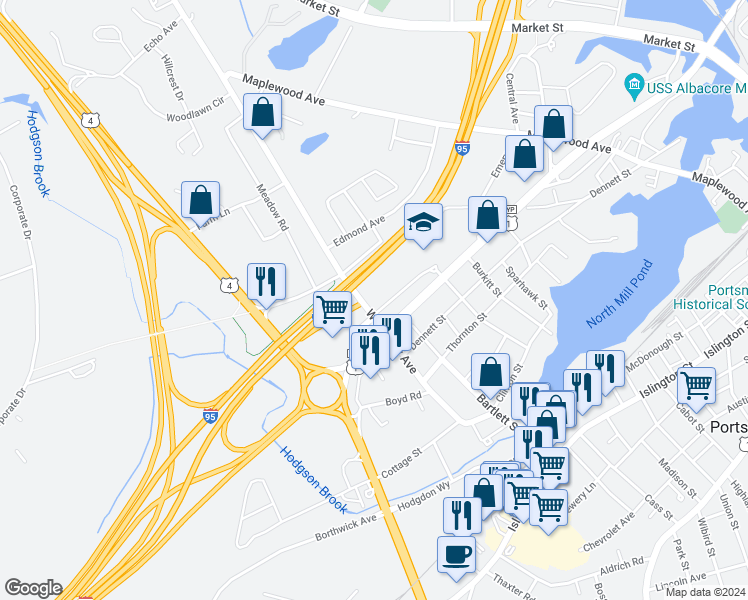 map of restaurants, bars, coffee shops, grocery stores, and more near 417 Woodbury Avenue in Portsmouth