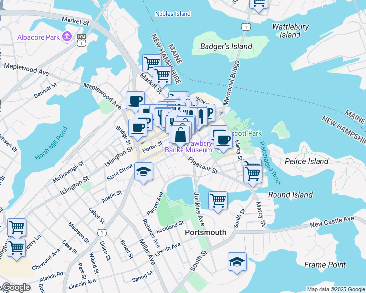 map of restaurants, bars, coffee shops, grocery stores, and more near 93 Pleasant Street in Portsmouth