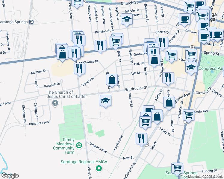 map of restaurants, bars, coffee shops, grocery stores, and more near 221 West Circular Street in Saratoga Springs