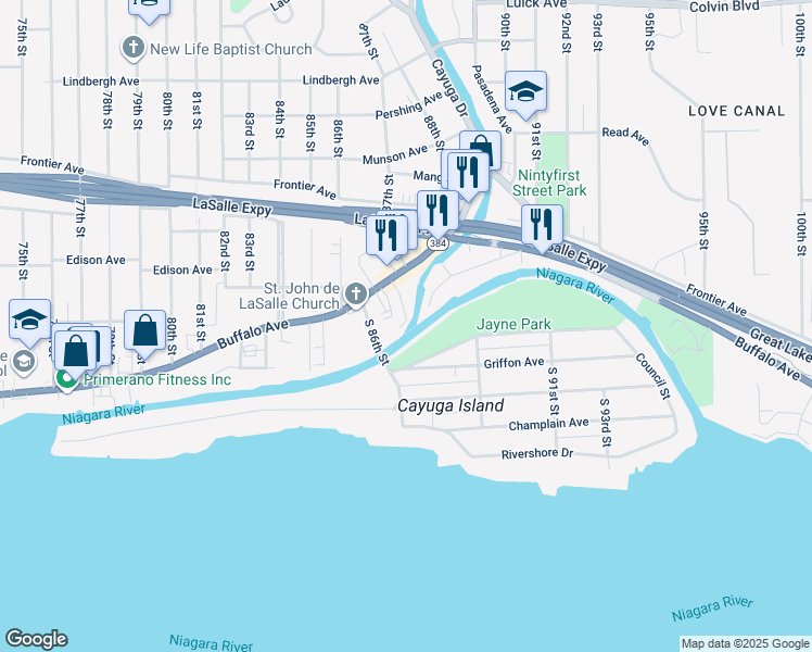 map of restaurants, bars, coffee shops, grocery stores, and more near 50 S 87th St in Niagara Falls