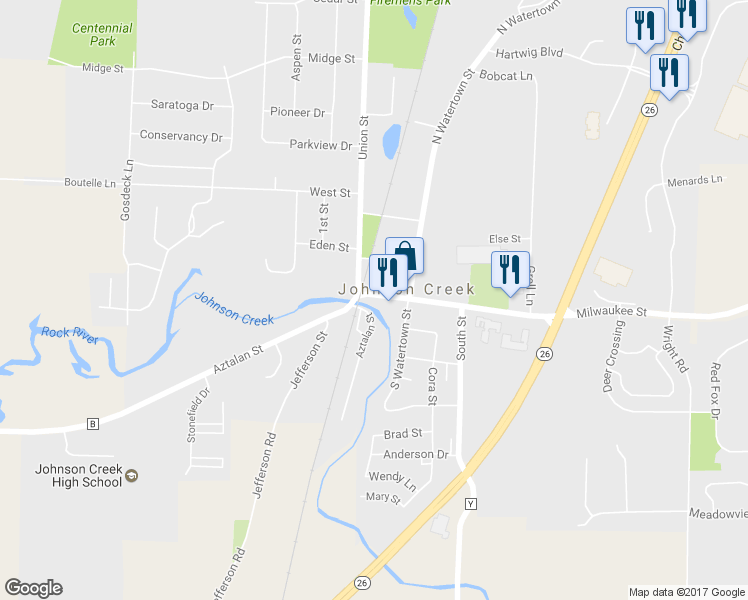 map of restaurants, bars, coffee shops, grocery stores, and more near 113 Milwaukee Street in Johnson Creek