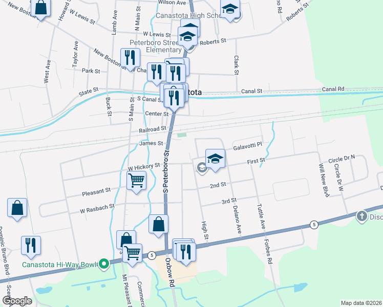 map of restaurants, bars, coffee shops, grocery stores, and more near 202 East Hickory Street in Canastota