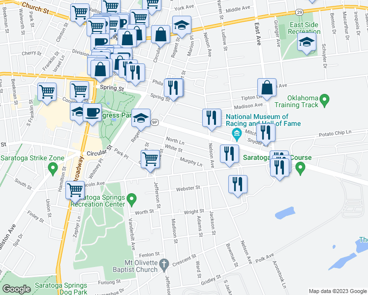 map of restaurants, bars, coffee shops, grocery stores, and more near 99 White Street in Saratoga Springs