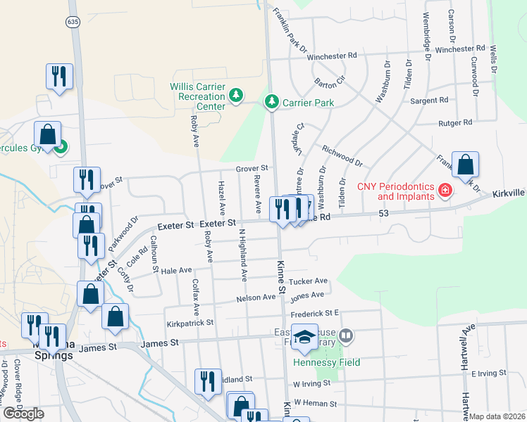 map of restaurants, bars, coffee shops, grocery stores, and more near 100 Revere Avenue in East Syracuse