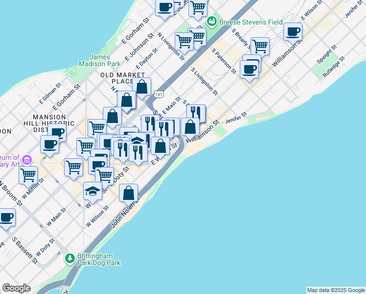 map of restaurants, bars, coffee shops, grocery stores, and more near 1 John Nolen Drive in Madison