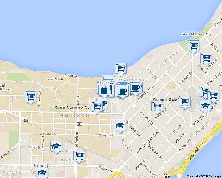 map of restaurants, bars, coffee shops, grocery stores, and more near 601 Langdon Street in Madison