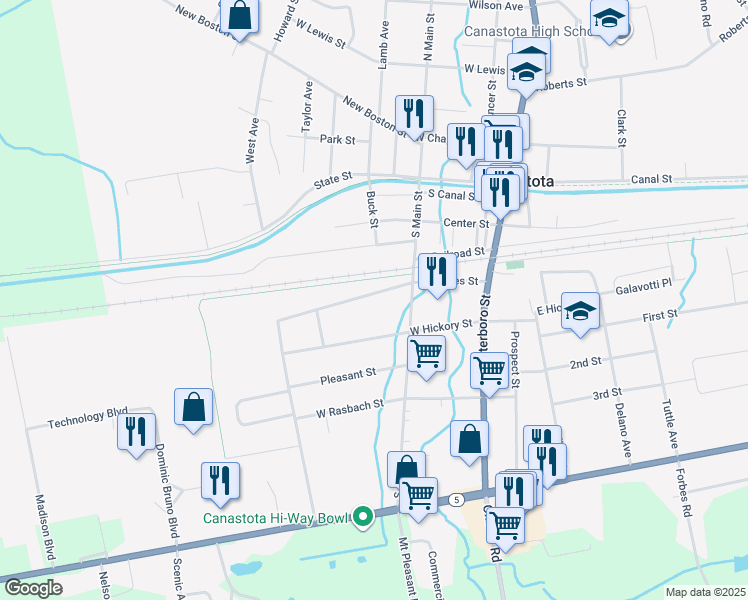 map of restaurants, bars, coffee shops, grocery stores, and more near 219 James Street in Canastota