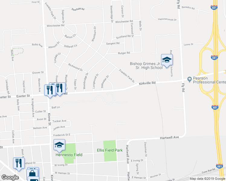 map of restaurants, bars, coffee shops, grocery stores, and more near Kirkville Rd & Watertree Dr in East Syracuse
