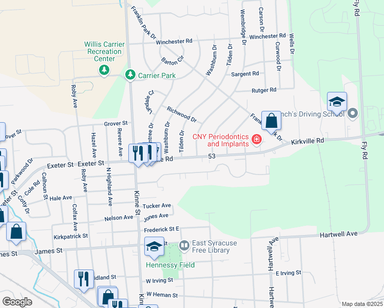 map of restaurants, bars, coffee shops, grocery stores, and more near 6481 Kirkville Road in East Syracuse