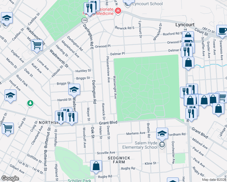 map of restaurants, bars, coffee shops, grocery stores, and more near 306 Pleasantview Avenue in Syracuse