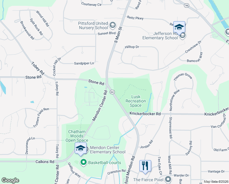 map of restaurants, bars, coffee shops, grocery stores, and more near 90 Mendon Road in Pittsford