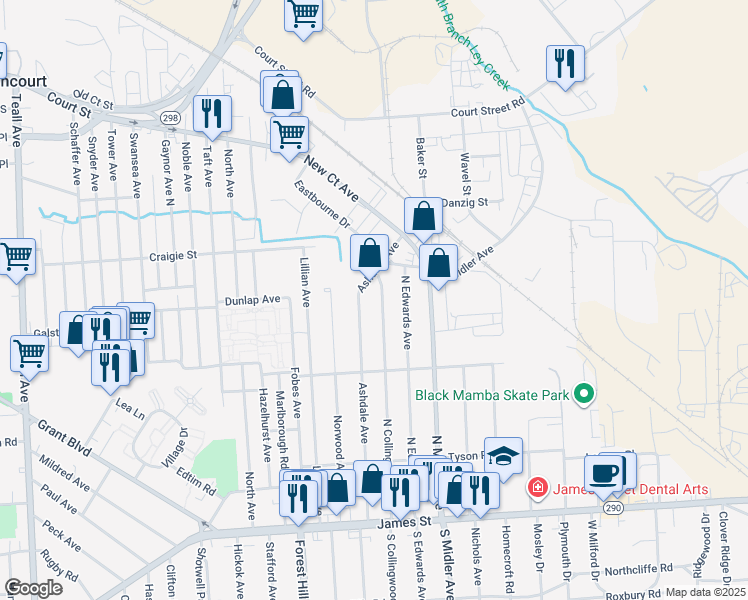 map of restaurants, bars, coffee shops, grocery stores, and more near 368 Ashdale Avenue in Syracuse