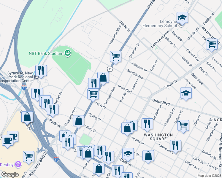 map of restaurants, bars, coffee shops, grocery stores, and more near 604 2nd North Street in Syracuse