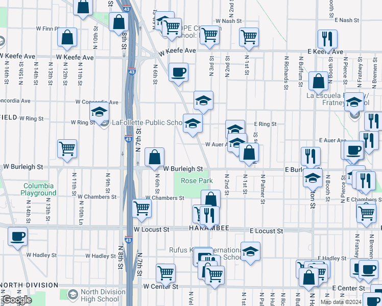 map of restaurants, bars, coffee shops, grocery stores, and more near 3131 North Doctor Martin Luther King Junior Drive in Milwaukee