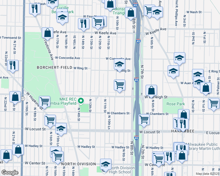 map of restaurants, bars, coffee shops, grocery stores, and more near 3127 North 10th Street in Milwaukee