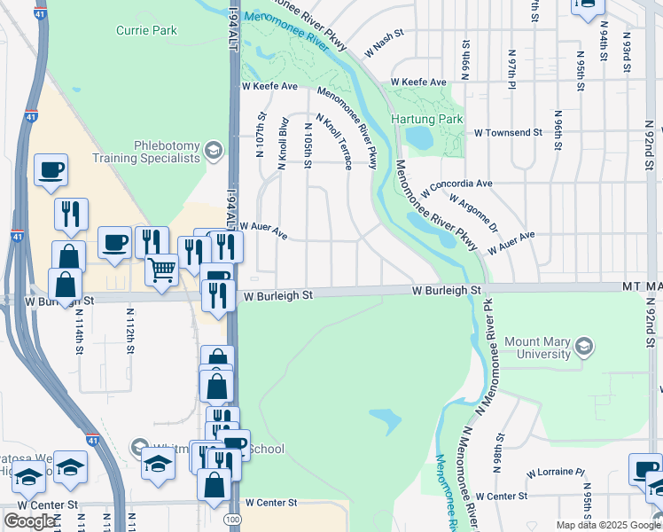 map of restaurants, bars, coffee shops, grocery stores, and more near 3120 North 104th Street in Wauwatosa