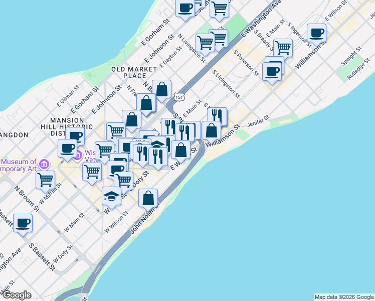 map of restaurants, bars, coffee shops, grocery stores, and more near 406 East Wilson Street in Madison