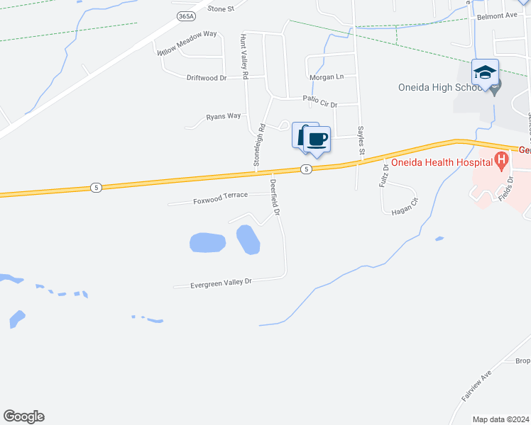 map of restaurants, bars, coffee shops, grocery stores, and more near 612 Deerfield Drive in Oneida