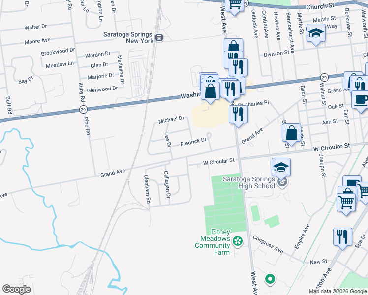 map of restaurants, bars, coffee shops, grocery stores, and more near 343 Grand Avenue in Saratoga Springs
