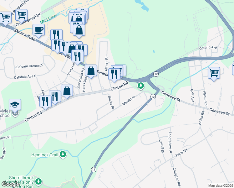 map of restaurants, bars, coffee shops, grocery stores, and more near 36 Evalon Road in New Hartford