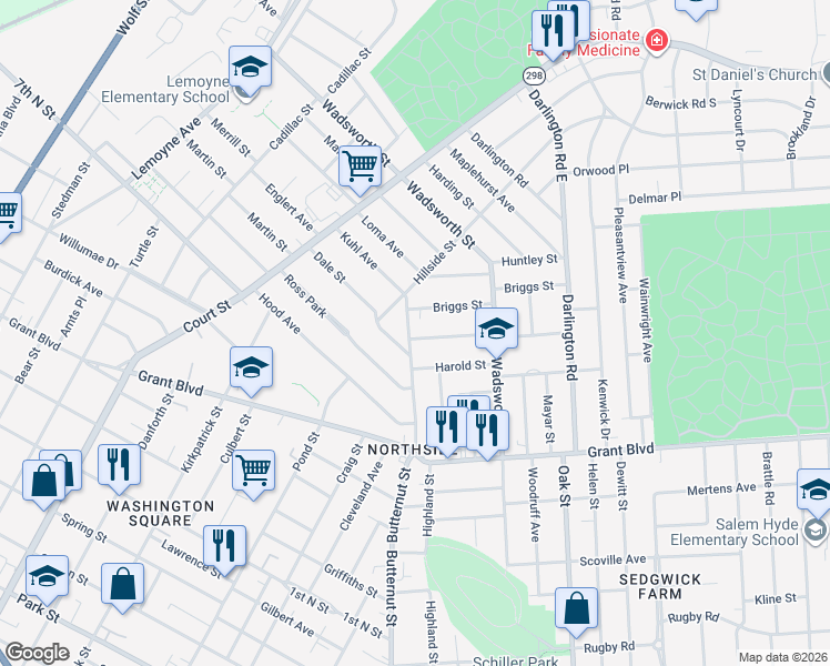 map of restaurants, bars, coffee shops, grocery stores, and more near 224 Ross Park in Syracuse