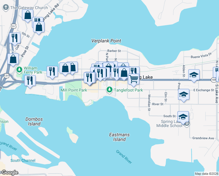map of restaurants, bars, coffee shops, grocery stores, and more near 205 South Park Street in Spring Lake