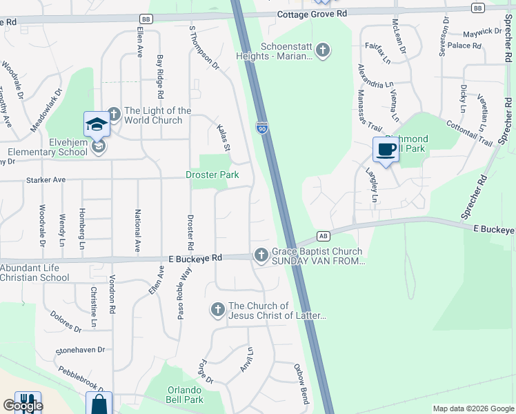 map of restaurants, bars, coffee shops, grocery stores, and more near 1622 South Thompson Drive in Madison