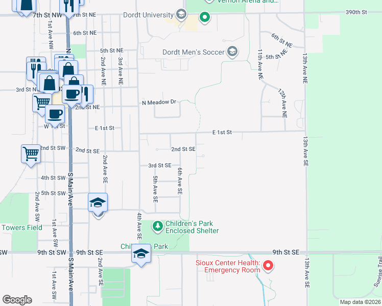 map of restaurants, bars, coffee shops, grocery stores, and more near 281-447 7th Avenue Southeast in Sioux Center