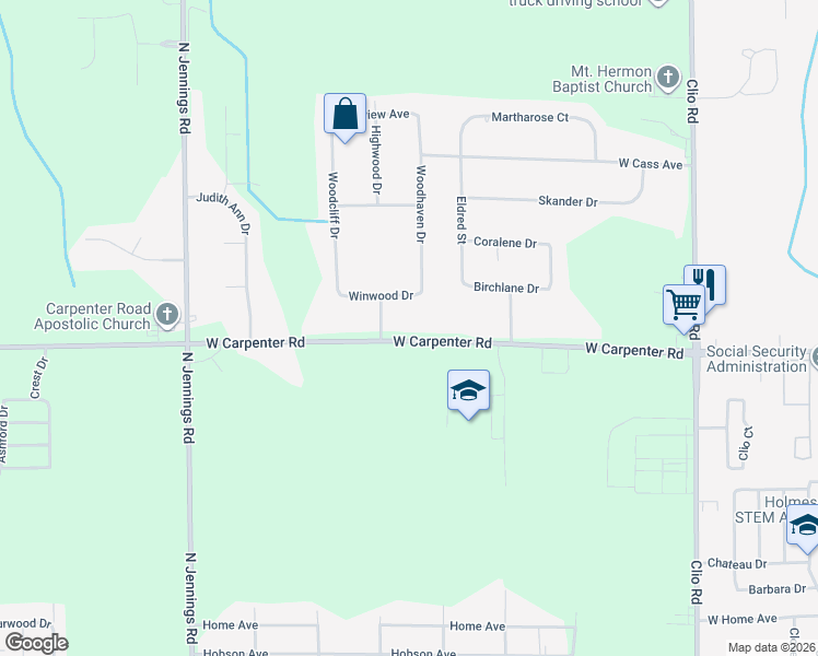 map of restaurants, bars, coffee shops, grocery stores, and more near 3294 West Carpenter Road in Flint
