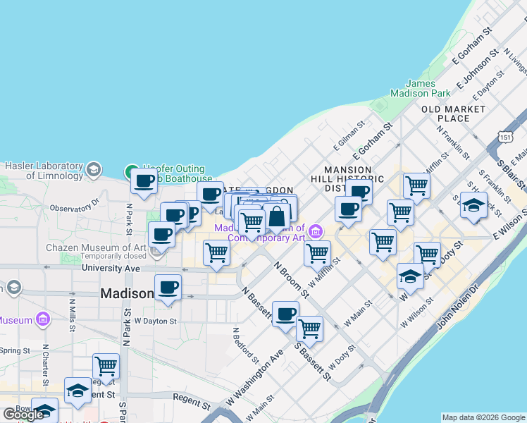 map of restaurants, bars, coffee shops, grocery stores, and more near 218 West Gilman Street in Madison