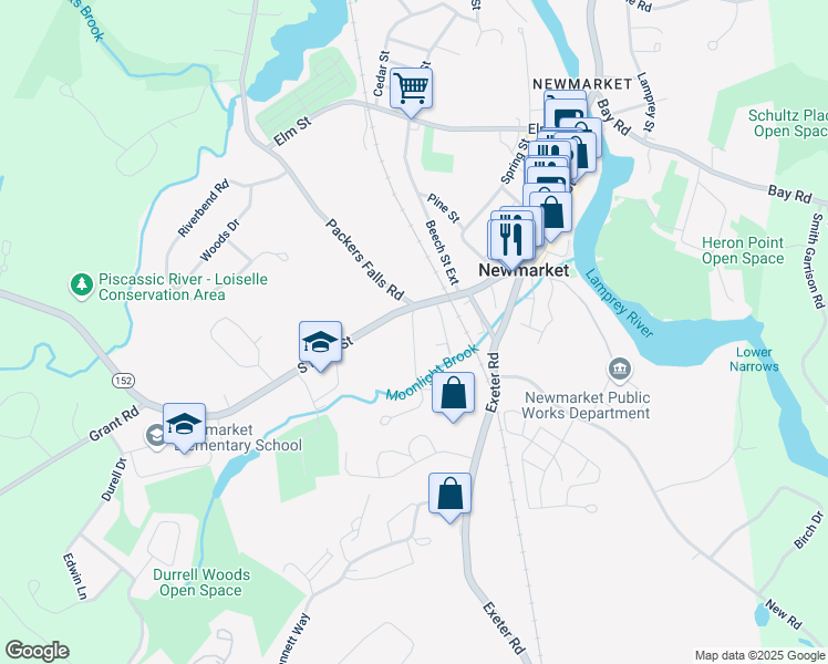 map of restaurants, bars, coffee shops, grocery stores, and more near 7 Maple St in Newmarket
