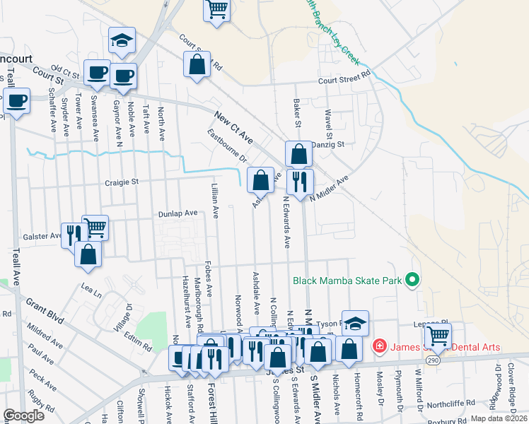 map of restaurants, bars, coffee shops, grocery stores, and more near 368 Ashdale Avenue in Syracuse