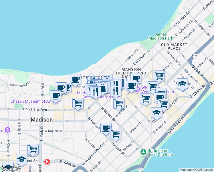 map of restaurants, bars, coffee shops, grocery stores, and more near 409 North Henry Street in Madison