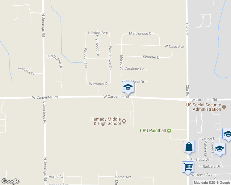 map of restaurants, bars, coffee shops, grocery stores, and more near 3258 West Carpenter Road in Flint