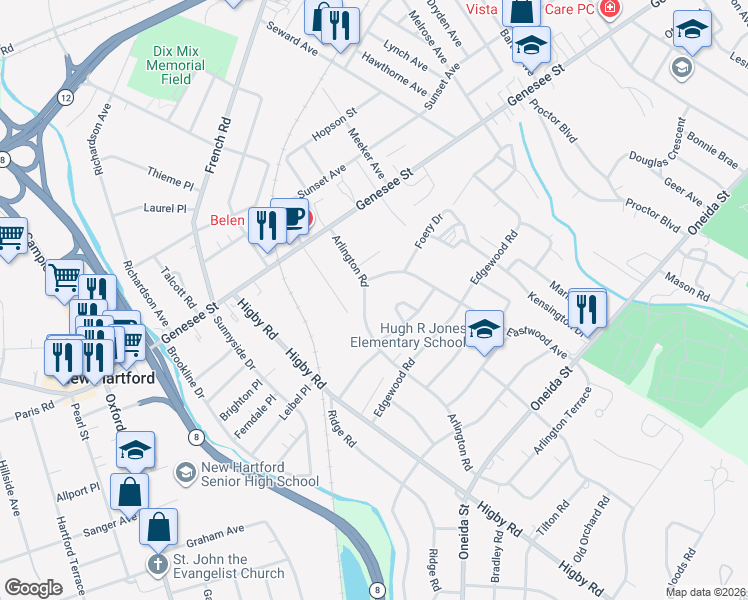 map of restaurants, bars, coffee shops, grocery stores, and more near 2620 Crestway in Utica