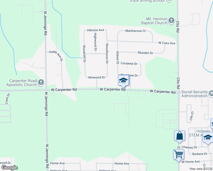 map of restaurants, bars, coffee shops, grocery stores, and more near 3294 West Carpenter Road in Flint