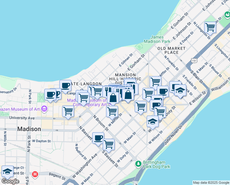 map of restaurants, bars, coffee shops, grocery stores, and more near 110 West Johnson Street in Madison