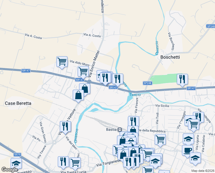 map of restaurants, bars, coffee shops, grocery stores, and more near 97 Via Bastiola in Bastia