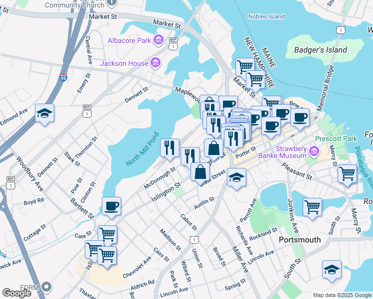map of restaurants, bars, coffee shops, grocery stores, and more near 55 Rock Street in Portsmouth
