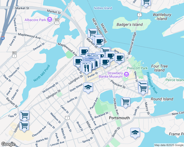 map of restaurants, bars, coffee shops, grocery stores, and more near 28 Chestnut Street in Portsmouth
