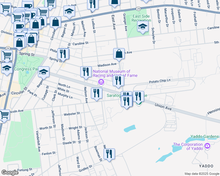 map of restaurants, bars, coffee shops, grocery stores, and more near 237 Union Avenue in Saratoga Springs