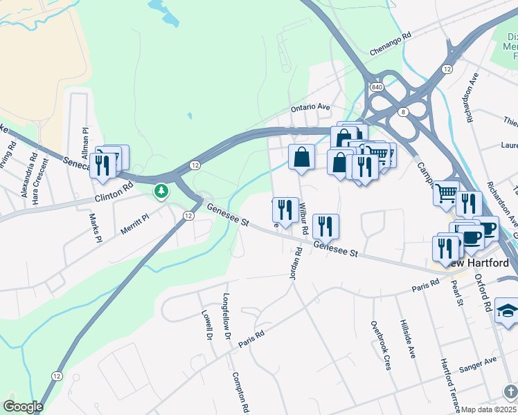 map of restaurants, bars, coffee shops, grocery stores, and more near 150 Genesee Street in New Hartford
