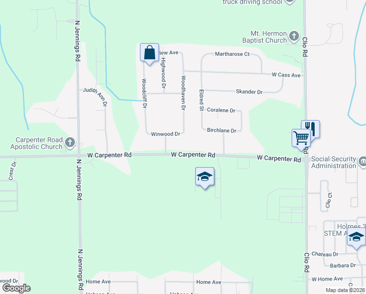 map of restaurants, bars, coffee shops, grocery stores, and more near 3294 West Carpenter Road in Flint
