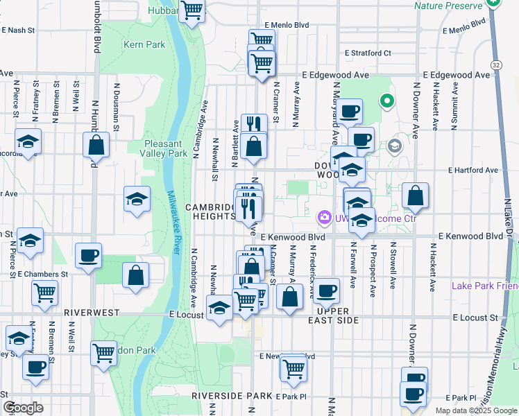 map of restaurants, bars, coffee shops, grocery stores, and more near 3135 North Oakland Avenue in Milwaukee