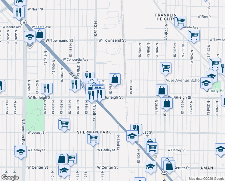 map of restaurants, bars, coffee shops, grocery stores, and more near 3316 West Burleigh Street in Milwaukee