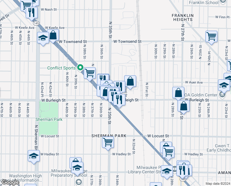 map of restaurants, bars, coffee shops, grocery stores, and more near in Milwaukee