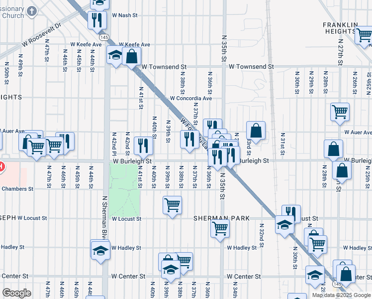 map of restaurants, bars, coffee shops, grocery stores, and more near 3700 West Burleigh Street in Milwaukee