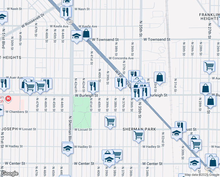 map of restaurants, bars, coffee shops, grocery stores, and more near in Milwaukee