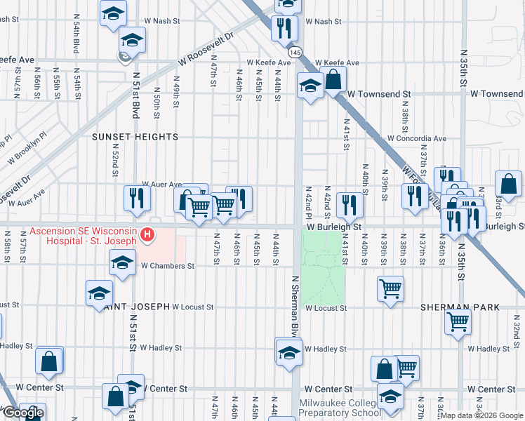 map of restaurants, bars, coffee shops, grocery stores, and more near 3115 North 44th Street in Milwaukee
